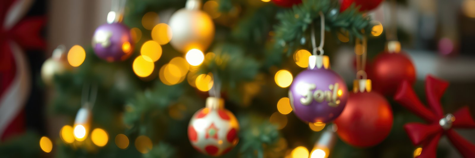 Colorful Christmas tree ornaments create a festive atmosphere in a warmly lit living room during the holiday season